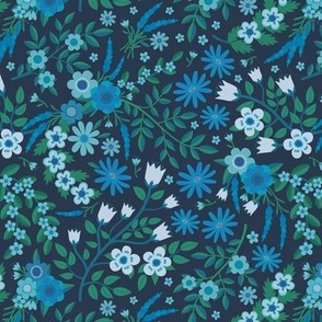 Summer lavender and daisies - blue on navy - small scale by Cecca Designs