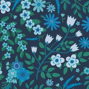 Summer lavender and daisies - blue on navy - medium scale by Cecca Designs