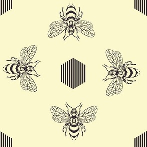 Lilies Garden Bees Hexagon Geometric Cream