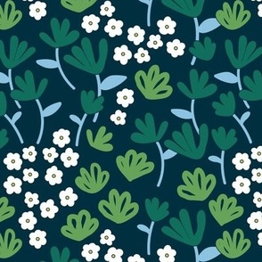Mid-century summer garden - flowers and blossom leaves lush organic boho springtime retro design green teal blue outline