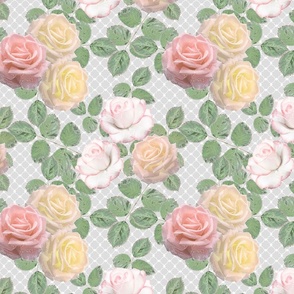 White, yellow, pink roses on a light gray background. Retro floral watercolor pattern.