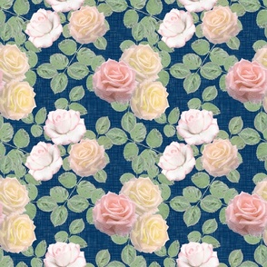 White, yellow, pink roses on a dark blue background. Retro floral watercolor pattern.
