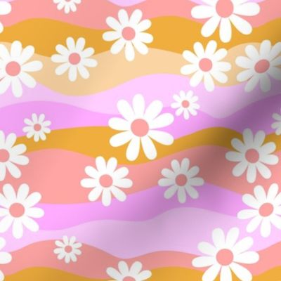 Rainbow Waves and Daisies - Groovy retro colorful summer flower garden summer beach vibes yellow pink 