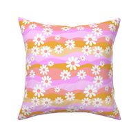 Rainbow Waves and Daisies - Groovy retro colorful summer flower garden summer beach vibes yellow pink 