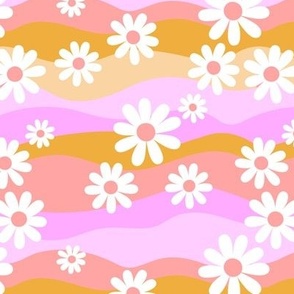 Rainbow Waves and Daisies - Groovy retro colorful summer flower garden summer beach vibes yellow pink 