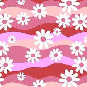 Rainbow Waves and Daisies - Groovy retro colorful summer flower garden summer red pink blush 