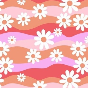 Rainbow Waves and Daisies - Groovy retro colorful summer flower garden bright summer pink coral girls 