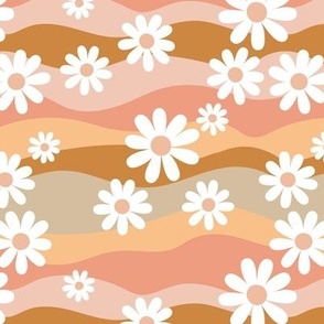 Rainbow Waves and Daisies - Groovy retro colorful summer flower garden daisies vintage seventies orange beige 