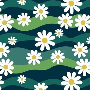 Rainbow Waves and Daisies - Groovy retro colorful summer flower garden daisies green 