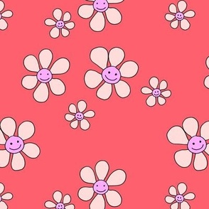 Little smiley flower power boho flowers seventies vintage retro style pink on bright coral