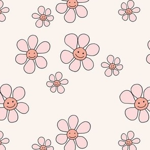 Little smiley flower power boho flowers seventies vintage retro style  pink on ivory