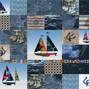 nautical maps sailboats flags cheater quilt whole cloth large scale blue tan