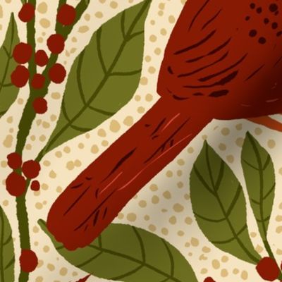 24" Cardinal Birds and Winterberry - Vintage Red and Olive Green