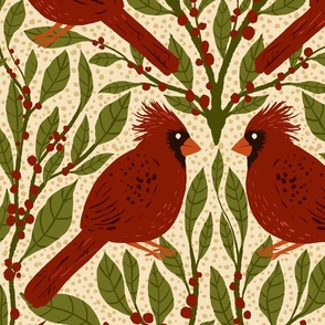 24" Cardinal Birds and Winterberry - Vintage Red and Olive Green