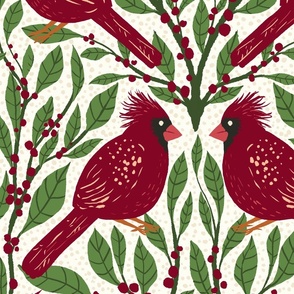 24" Cardinal Birds and Winterberry Holly - Burgundy and Fern Green