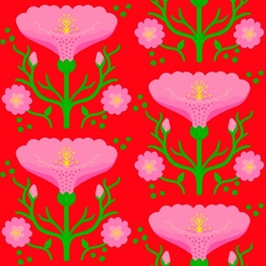 Wake Up Lily Mini Retro Modern Pink Garden Flower With Fluffy Mums On Cherry Red Illustrated Vertical Grandmillennial Coastal Granny Wallpaper Style Scandi Mid-Century Repeat Pattern