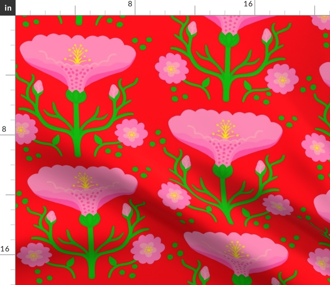 Wake Up Lily Mini Retro Modern Pink Garden Flower With Fluffy Mums On Cherry Red Illustrated Vertical Grandmillennial Coastal Granny Wallpaper Style Scandi Mid-Century Repeat Pattern