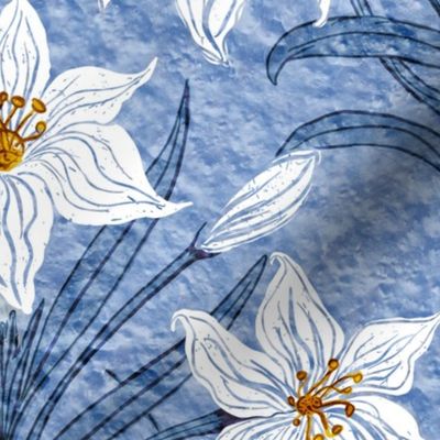 Hand Drawn Stone Textured Lily Flower Fleur-De-Lis Plant Lily Blooms Floral Natural Botanical Design, Cornflower Blue