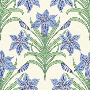 Hand Drawn Stone Textured Lily Flower Fleur-De-Lis Plant Lily Blooms Floral Natural Botanical Design, Periwinkle Blue Blooms on Cream