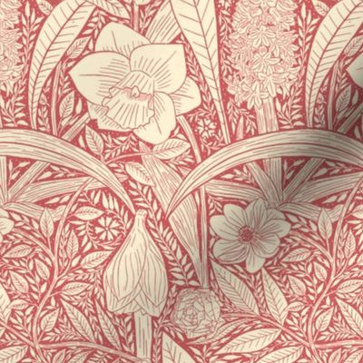 Spring garden happiness - William Morris and Art Nouveau inspired pattern with intertwined leaves, tulips, daffodils, hyacinths and other flowers in beige and antique pink (small scale)