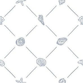 Seashells line art diamond pattern with lines - indigo shells on white background