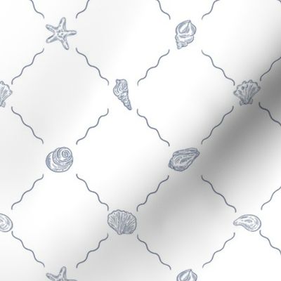 Seashells line art diamond pattern with squiggly lines - indigo shells on white background
