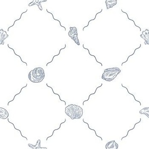 Seashells line art diamond pattern with squiggly lines - indigo shells on white background