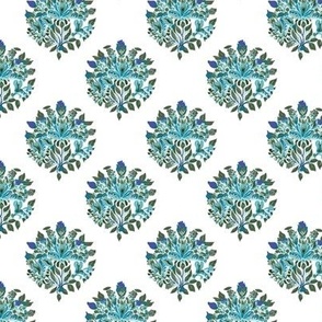 Fresh Medallion Tiny Block Floral Bloom Print Blue and Green on White