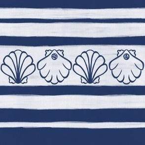 Shells on French linen horizontal white stripes indigo background