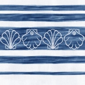 Shells on French linen horizontal indigo stripes on white background