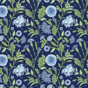 Blue and Green Carnation Indian Floral Block Print on dark blue  - small