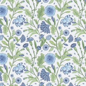 Blue and Green Carnation Indian Floral Block Print on White - small