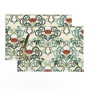 Art Nouveau Blue with Dark Red Flowers and Pale Yellow Background Custom Request