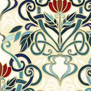 Art Nouveau Blue with Dark Red Flowers and Pale Yellow Background Custom Request