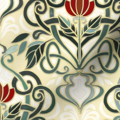 Art Nouveau Green with Dark Red Flowers and Pale Yellow Background Custom Request