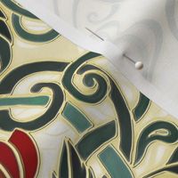 Art Nouveau Green with Dark Red Flowers and Pale Yellow Background Custom Request