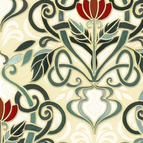 Art Nouveau Green with Dark Red Flowers and Pale Yellow Background Custom Request