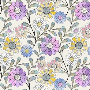 Bright floral pattern. White, yellow, lilac flowers on a cream background.