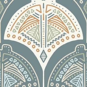 Tribal Stingrays | Jumbo Scale | Teal Blue, Mint Green, Boho Orange | Line art ocean block print