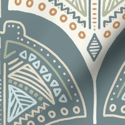 Tribal Stingrays | Medium Scale | Teal Blue, Mint Green, Boho Orange | Line art ocean block print