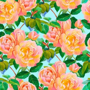 Watercolor Bright Pink and Yellow English Roses on Blue, Hand Painted,  L