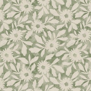 (s) Margaux - simple watercolor textured tossed florals and leaves in Moss Green and Linen off-white