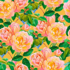 Watercolor Bright Pink and Yellow English Roses on Sunshine Yellow, Hand Drawn, L