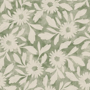 (m) Margaux - simple watercolor textured tossed florals and leaves in Moss Green and Linen off-white