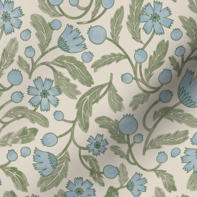 (s) FRENCHIE romantic historical-inspired intertwining trailing florals in Moss Green, Light Dusty Blue And Linen Off-White