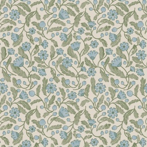 (s) FRENCHIE romantic historical-inspired intertwining trailing florals in Moss Green, Light Dusty Blue And Linen Off-White