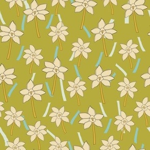 Yellow and orange hand drawn daffodils pattern on green background with blue confetti.