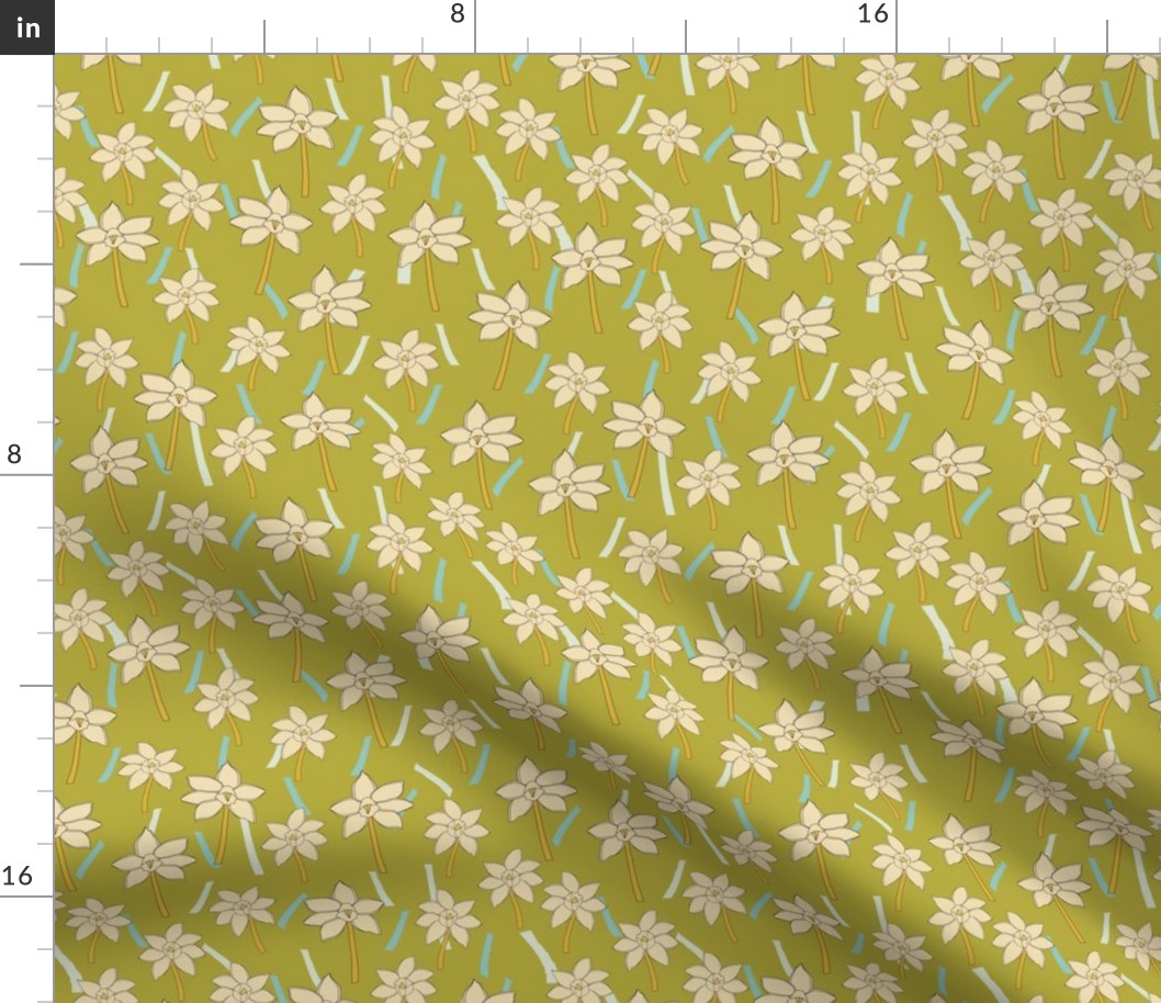 Yellow and orange hand drawn daffodils pattern on green background with blue confetti.