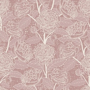 Perfect Peonies Minimalist Line Art in Pressed Flower Pink (Light Leaves/Dark Flowers & BG), Highlighting the Striking Beauty of Peony Flowers