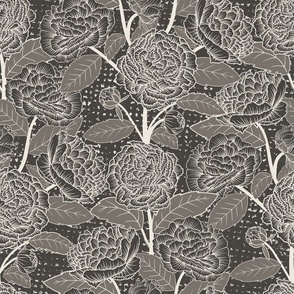 Perfect Peonies Minimalist Line Art in Dark Gray Brown (Light Leaves/Dark Flowers & BG), Highlighting the Striking Beauty of Peony Flowers